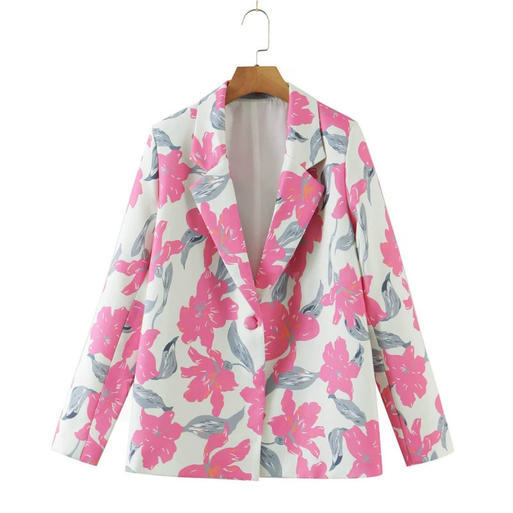 Spring Floral Loose Blazer with Slit Cuffs